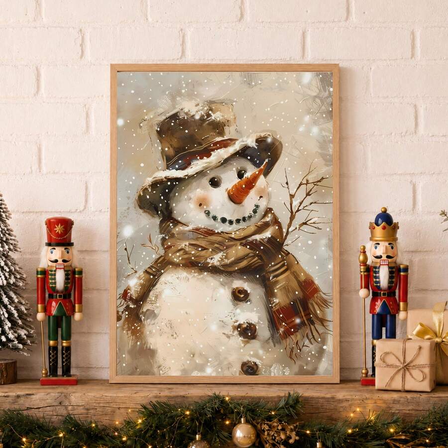 Rustic snowman poster in a wood-toned frame on a mantel between two nutcrackers above festive greenery