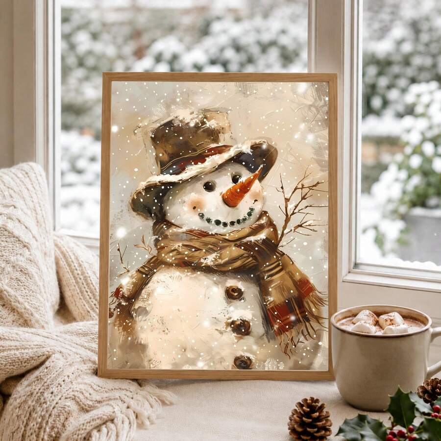 Framed snowman artwork on a window seat with a cream knitted blanket and mug overlooking snowy trees