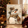 Vintage-style snowman canvas poster beside a decorated Christmas tree, red berries and warm candlelight