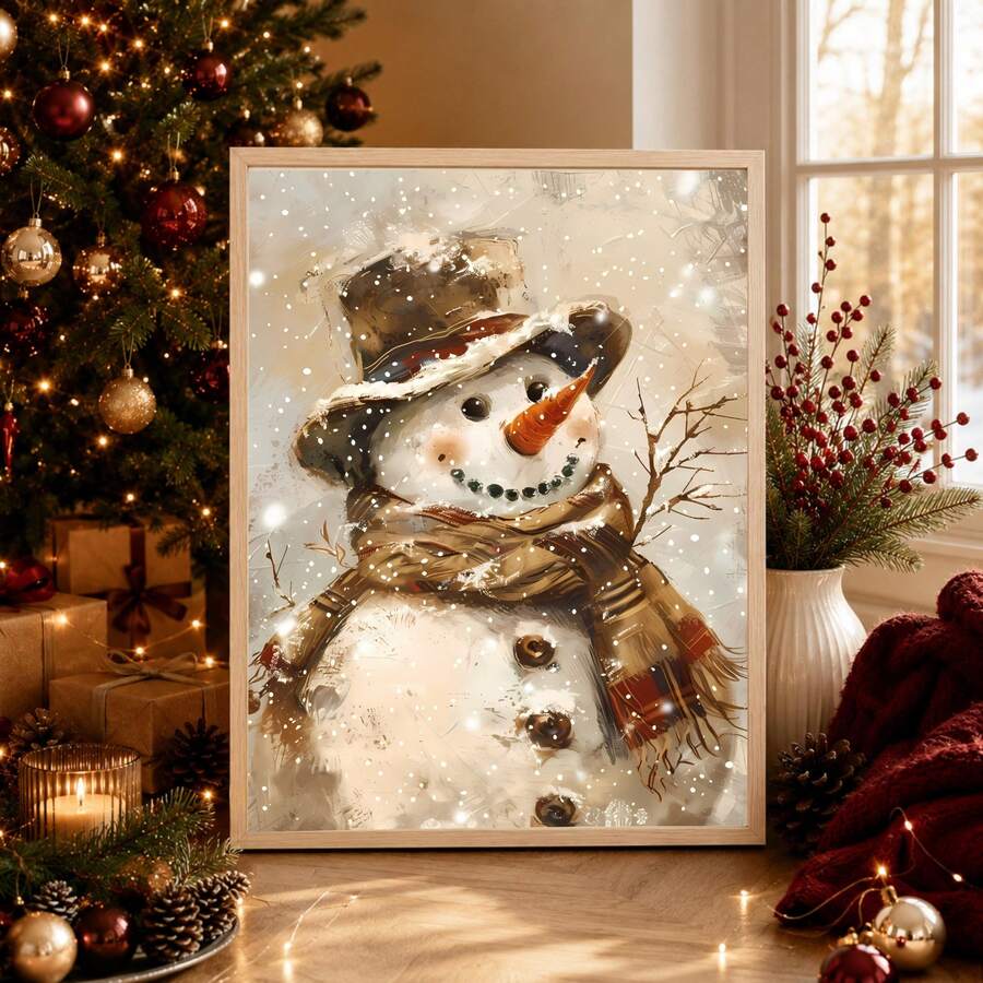 Vintage-style snowman canvas poster beside a decorated Christmas tree, red berries and warm candlelight