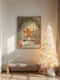 Framed gingerbread man poster styled beside a lit white Christmas tree