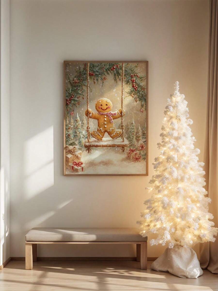 Framed gingerbread man poster styled beside a lit white Christmas tree