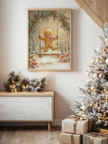 Gingerbread swing Christmas canvas displayed above a light wood console