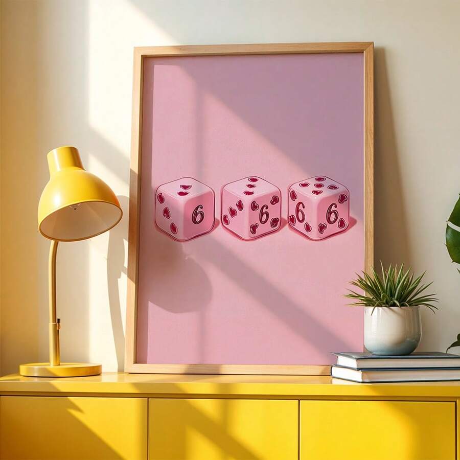 Pink heart dice canvas poster in a black frame above a blue cabinet