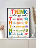 Black framed THINK before you speak poster with colorful hand-drawn icons