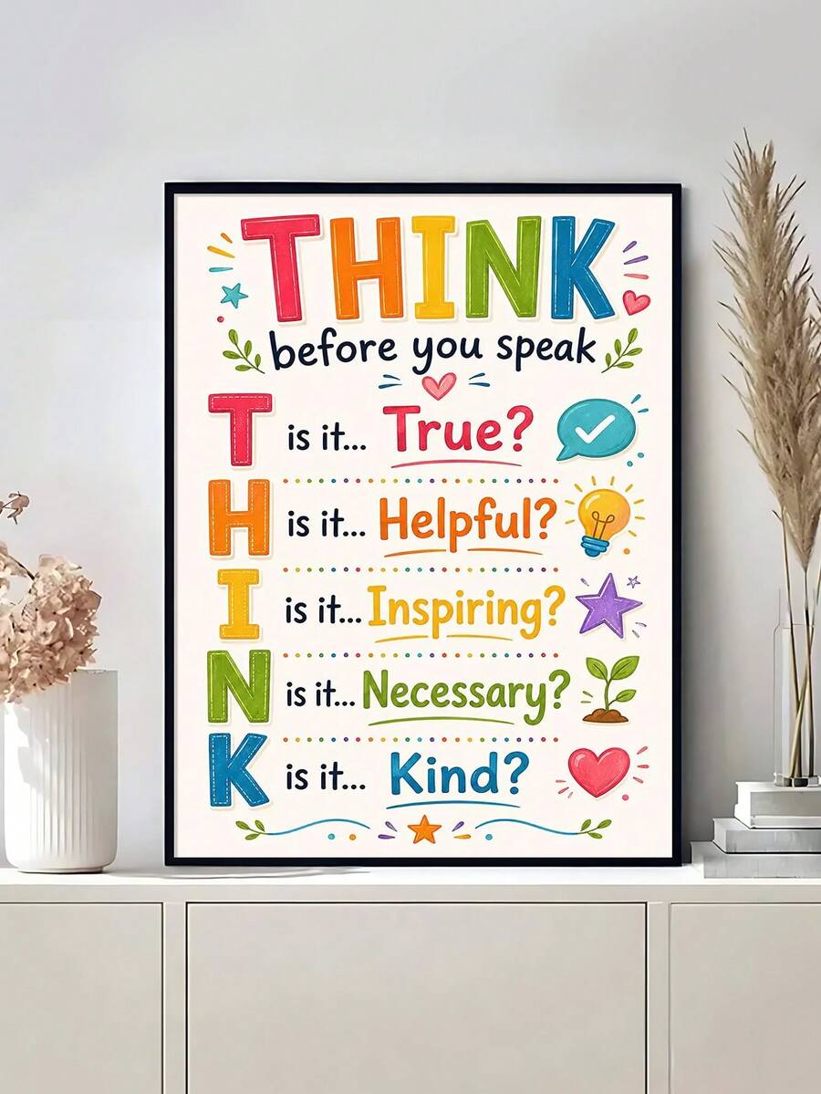 Black framed THINK before you speak poster with colorful hand-drawn icons