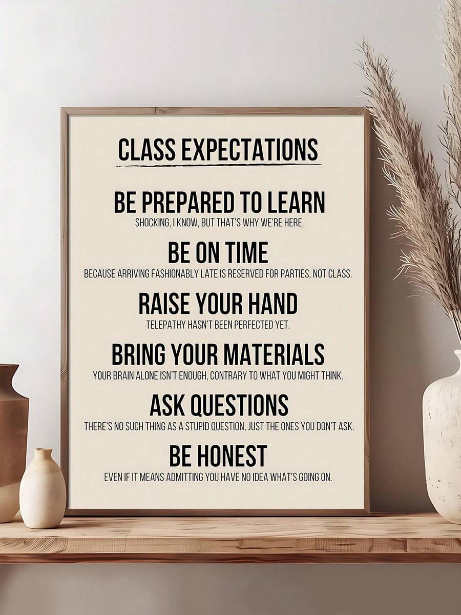 Framed class expectations poster with witty learning reminders