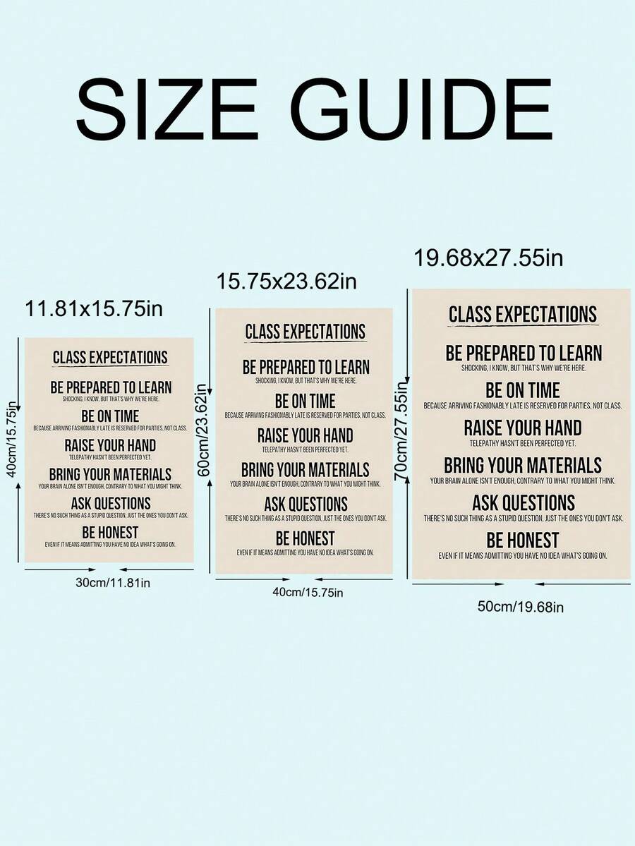 Size guide for classroom expectations canvas poster