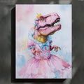 Close view of watercolor dinosaur princess canvas with crown, blue bow and ruffled dress