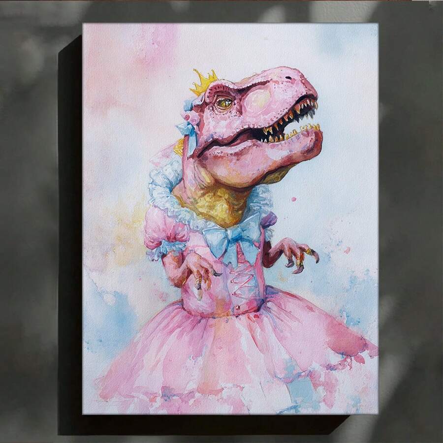 Close view of watercolor dinosaur princess canvas with crown, blue bow and ruffled dress
