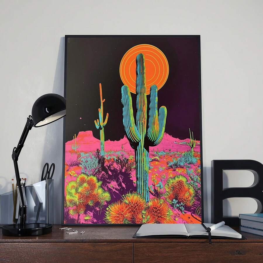 Pop art desert poster styled against a light wall with books and decor