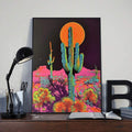Colorful cactus canvas poster displayed on a home office desk