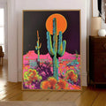 Neon cactus wall art displayed in a framed living room setting