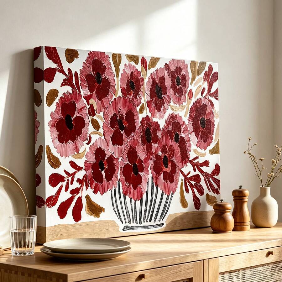 Vintage-inspired flower vase artwork above a warm wood console