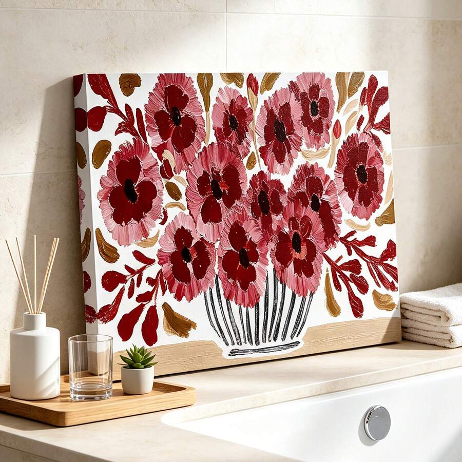 Floral vase canvas styled beside a bathroom vanity and folded towels