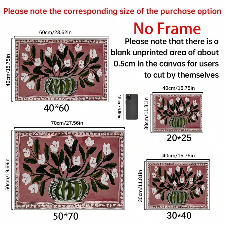 Size guide for spring floral canvas poster showing available unframed canvas dimensions