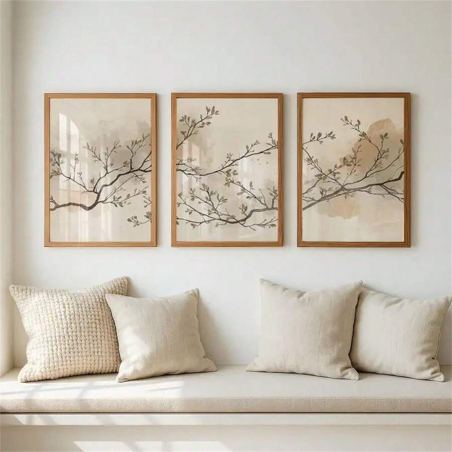 Neutral Botanical Japandi Beige Olive Green Japanese Nordic Canvas Poster Set 