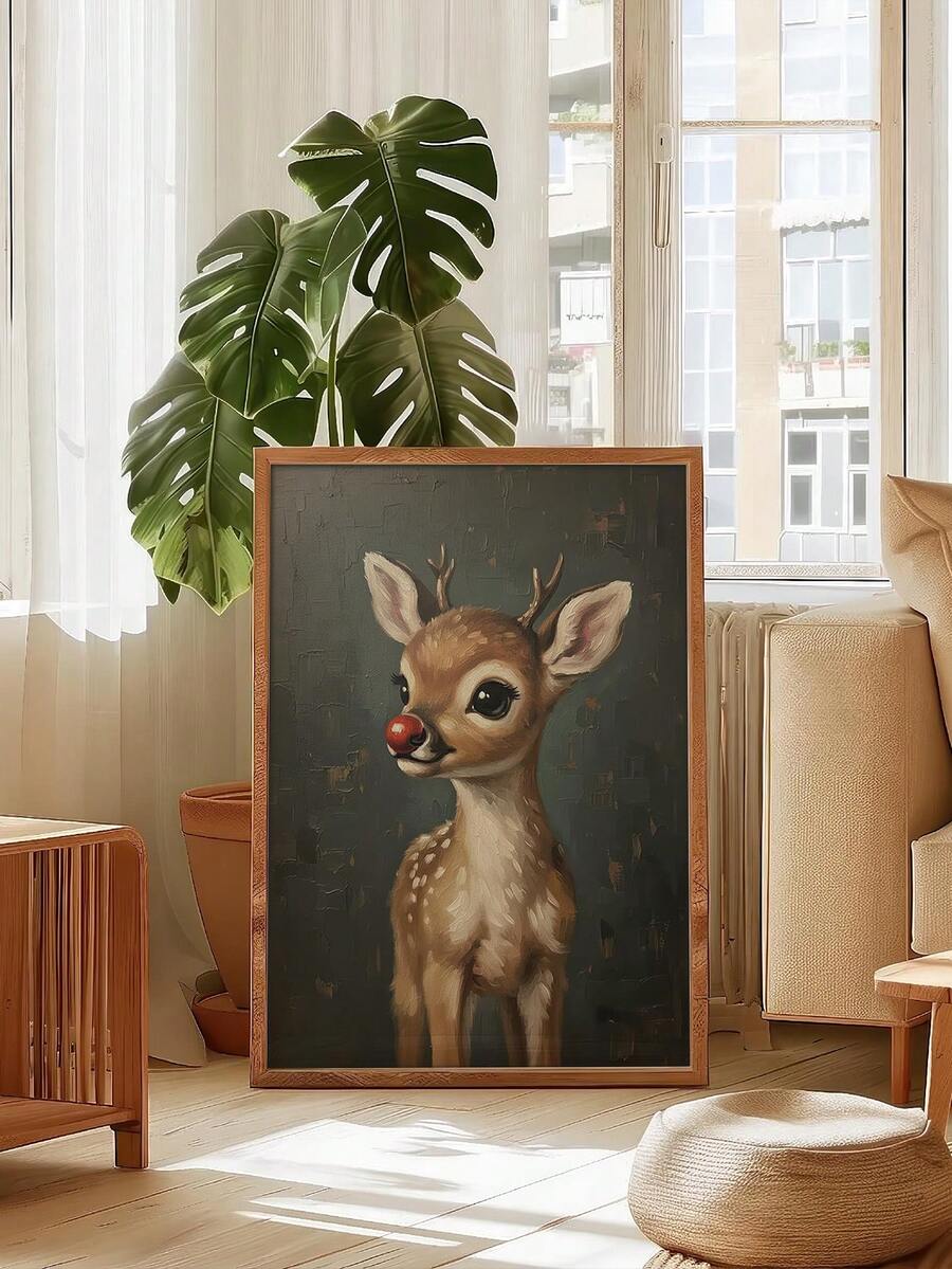Christmas Red Nose Reindeer Vintage Oil Painting Style Animal Canvas Poster