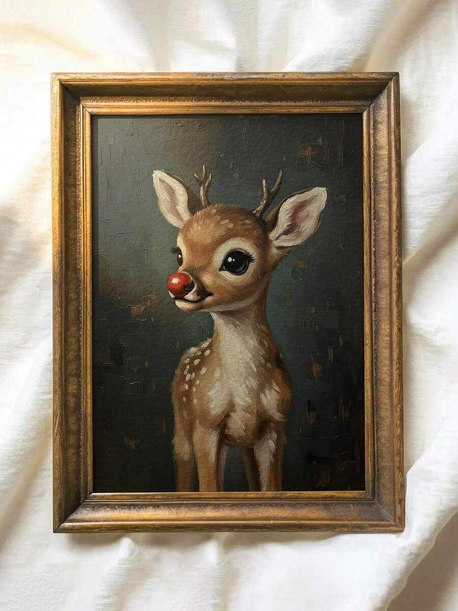 Christmas Red Nose Reindeer Vintage Oil Painting Style Animal Canvas Poster