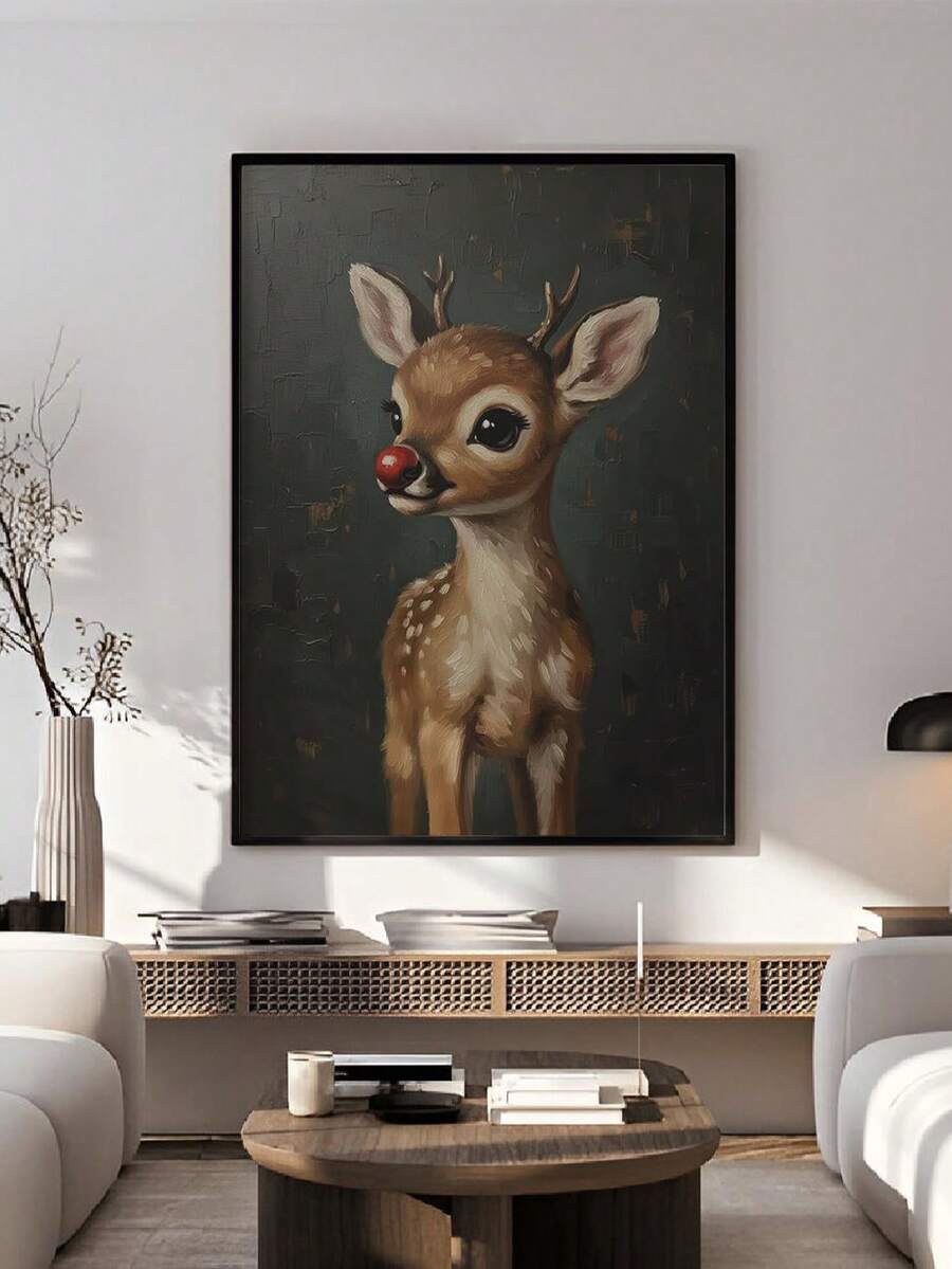Christmas Red Nose Reindeer Vintage Oil Painting Style Animal Canvas Poster