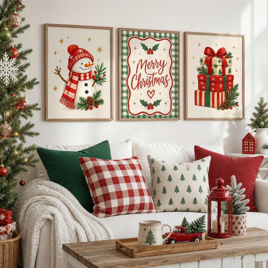 Three-piece Christmas canvas wall art set with snowman, Merry Christmas sign, and wrapped gifts