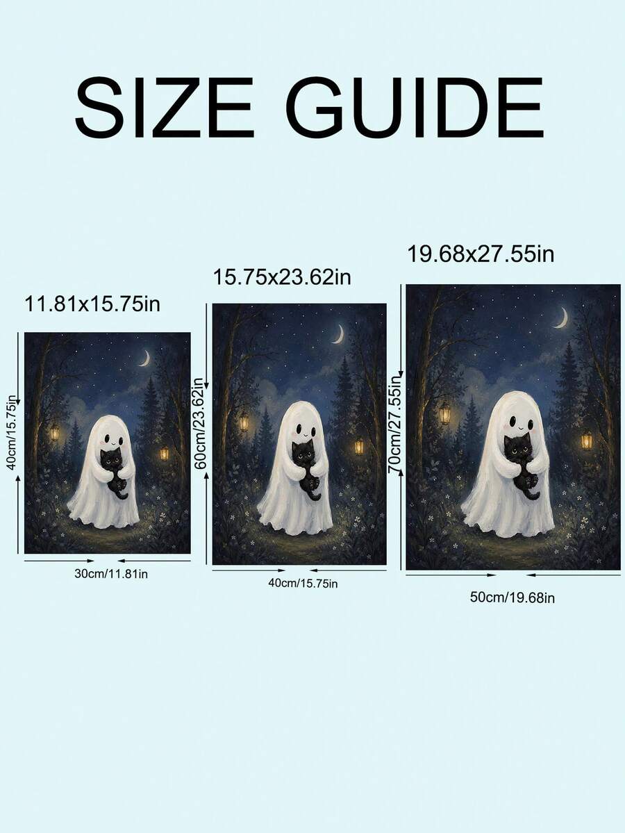 Size guide for Halloween ghost and black kitten canvas poster