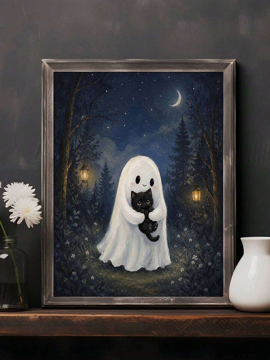 Halloween ghost and black kitten canvas poster in a seasonal living room