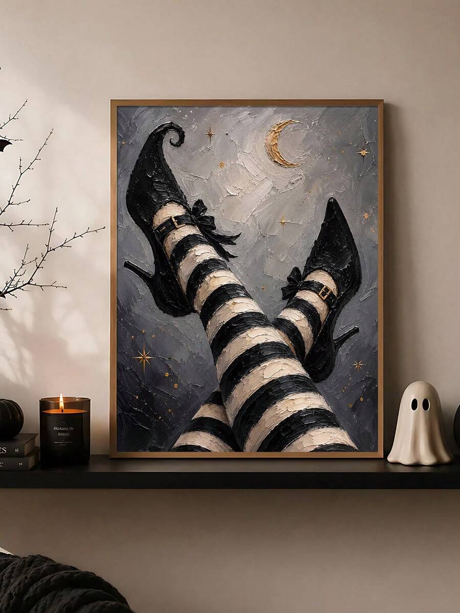 Halloween witch shoes canvas art with striped stockings and crescent moon