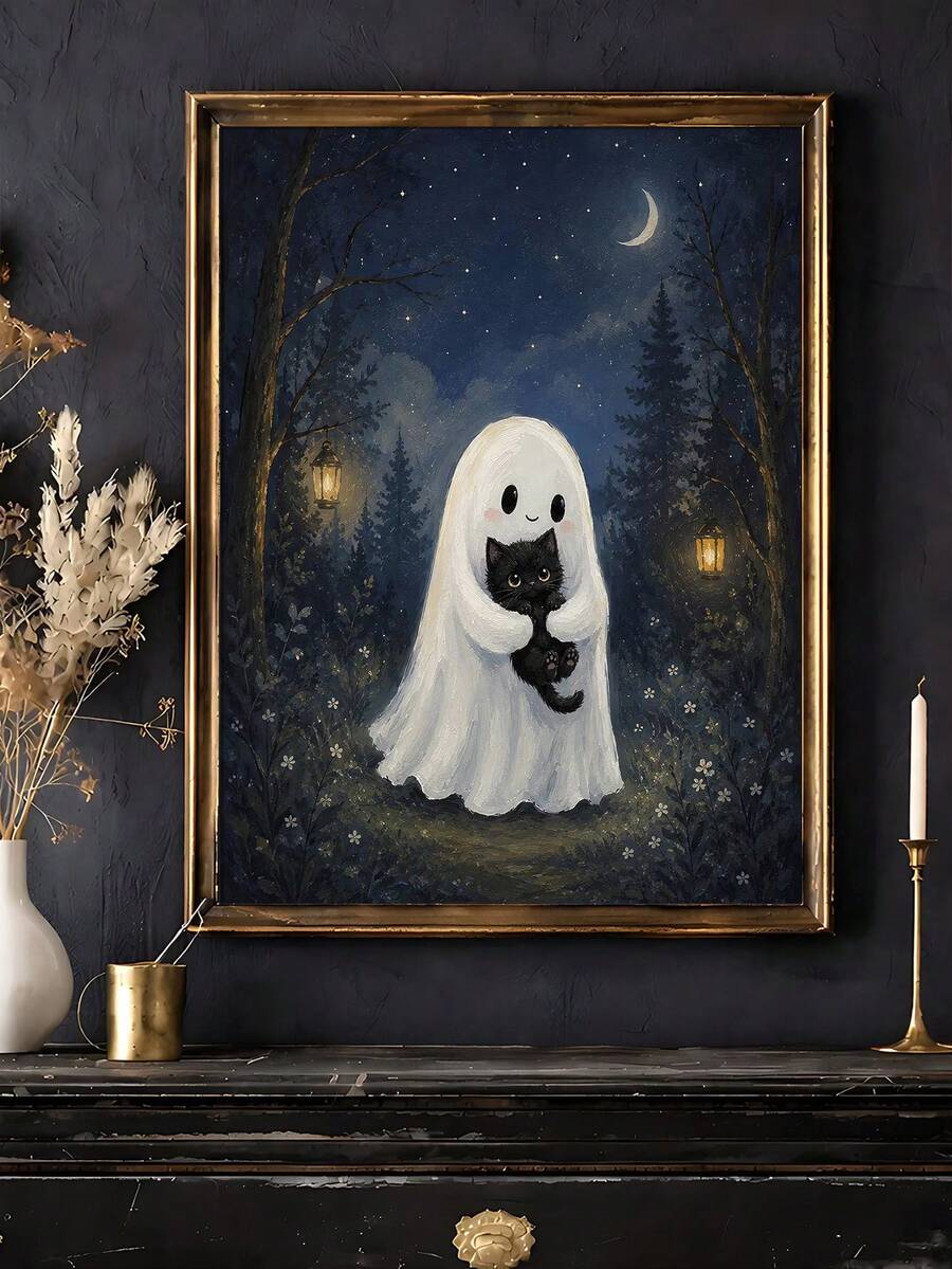 Ghost and black kitten wall art in an ornate dark wood frame