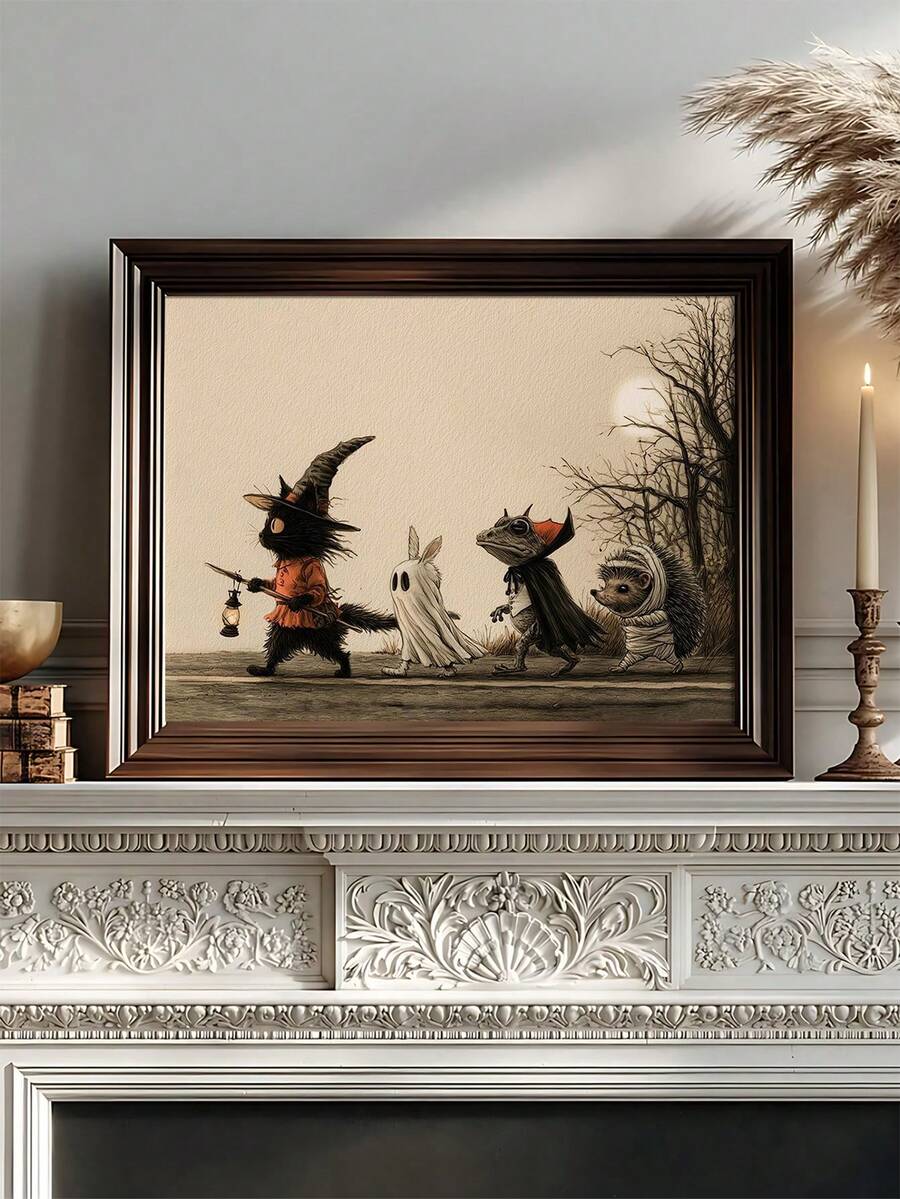 Halloween character procession canvas poster displayed above a mantel