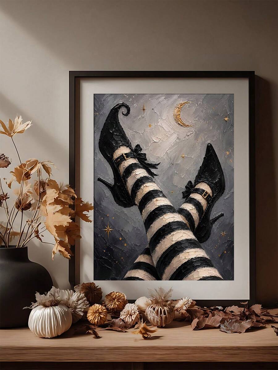 Moonlit ghost and black kitten canvas poster in a gold frame