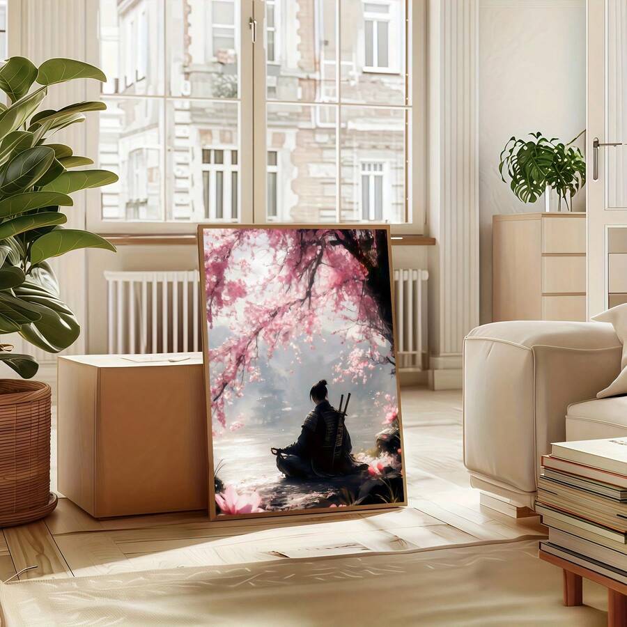 Japanese aesthetic samurai poster displayed in a bright living room