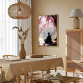 Framed samurai cherry blossom wall art in a warm dining room