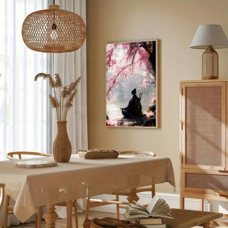Framed samurai cherry blossom wall art in a warm dining room