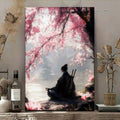 Samurai beneath pink cherry blossoms in a framed canvas wall display