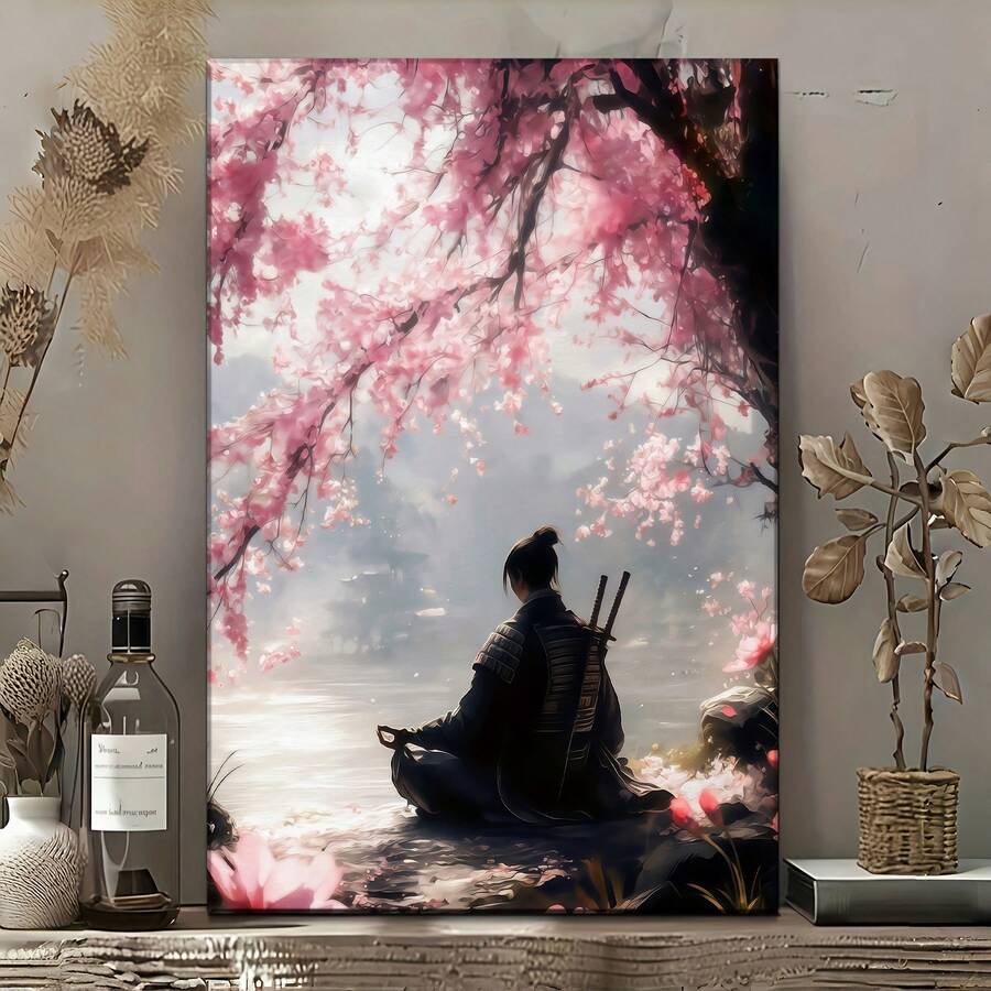 Samurai beneath pink cherry blossoms in a framed canvas wall display