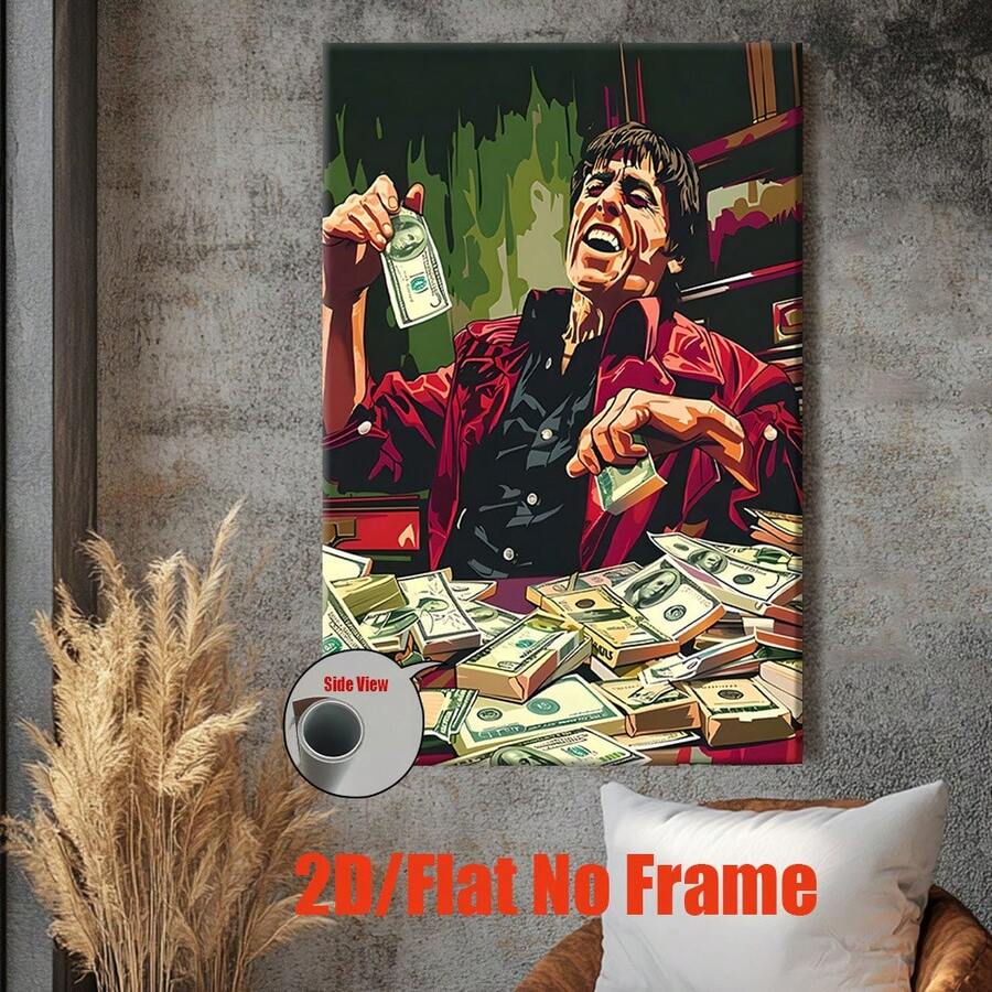 Bold abstract man with cash canvas artwork against a textured wall