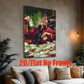 Vertical money man wall art displayed above a modern sofa