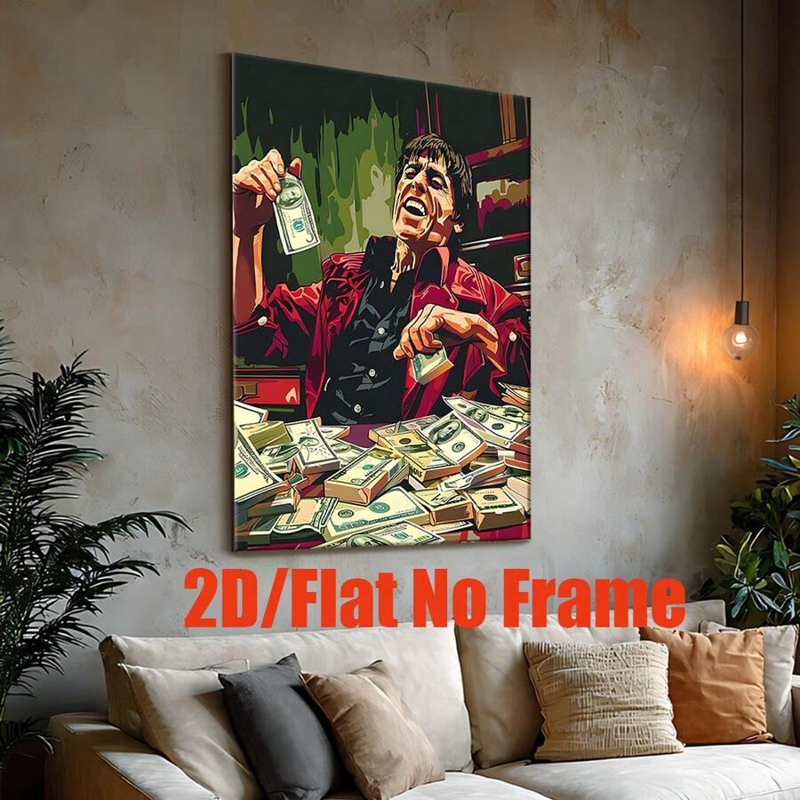 Vertical money man wall art displayed above a modern sofa