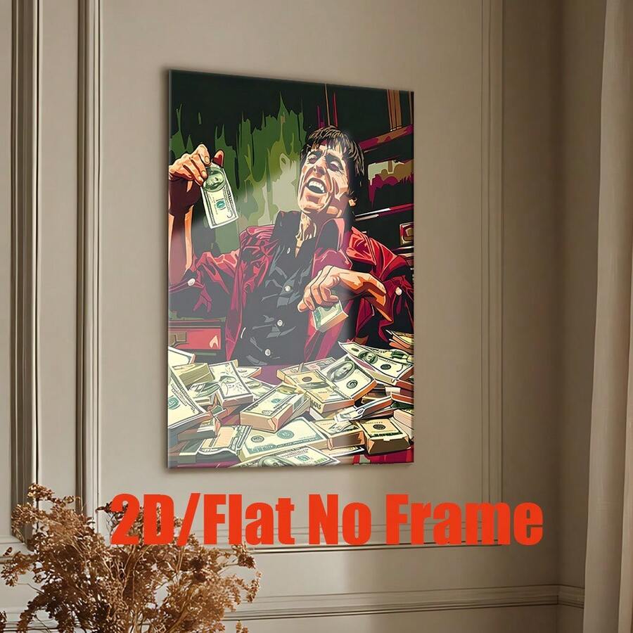 Graphic figure and money poster on a neutral paneled wall