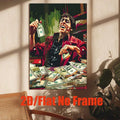 Abstract money canvas poster in a sunlit room with a wood chair