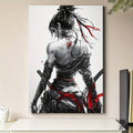 Female samurai poster styled in a minimalist room with books