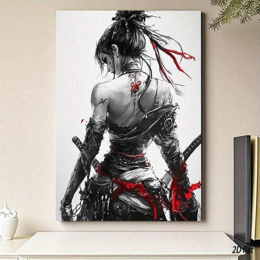 Female samurai poster styled in a minimalist room with books