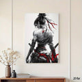 Female warrior anime wall art displayed above a wood console