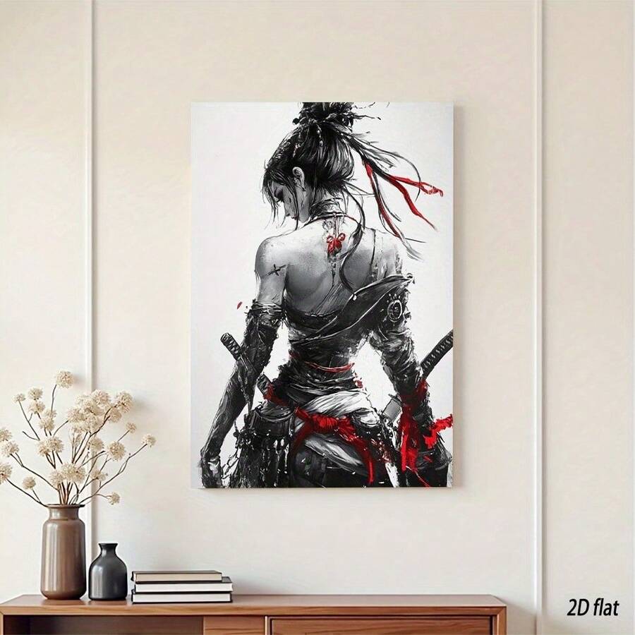 Female warrior anime wall art displayed above a wood console