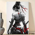 Close view of black and white samurai canvas with red ribbon accents