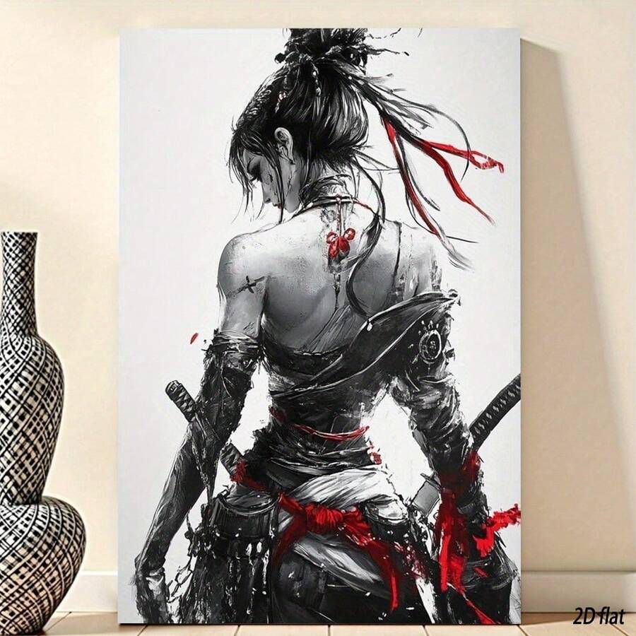 Close view of black and white samurai canvas with red ribbon accents