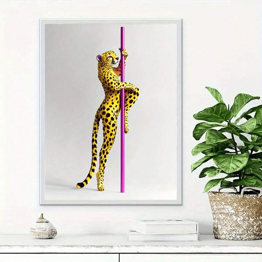 Framed yellow leopard and pink pole canvas poster on a decorative shelf