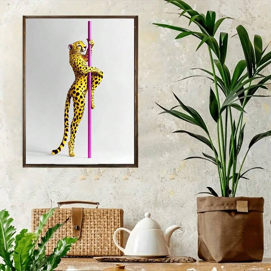 Framed playful leopard poster in a plant-filled interior