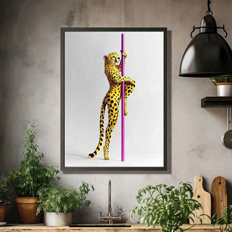 Black-framed leopard and pink pole artwork above a kitchen counter